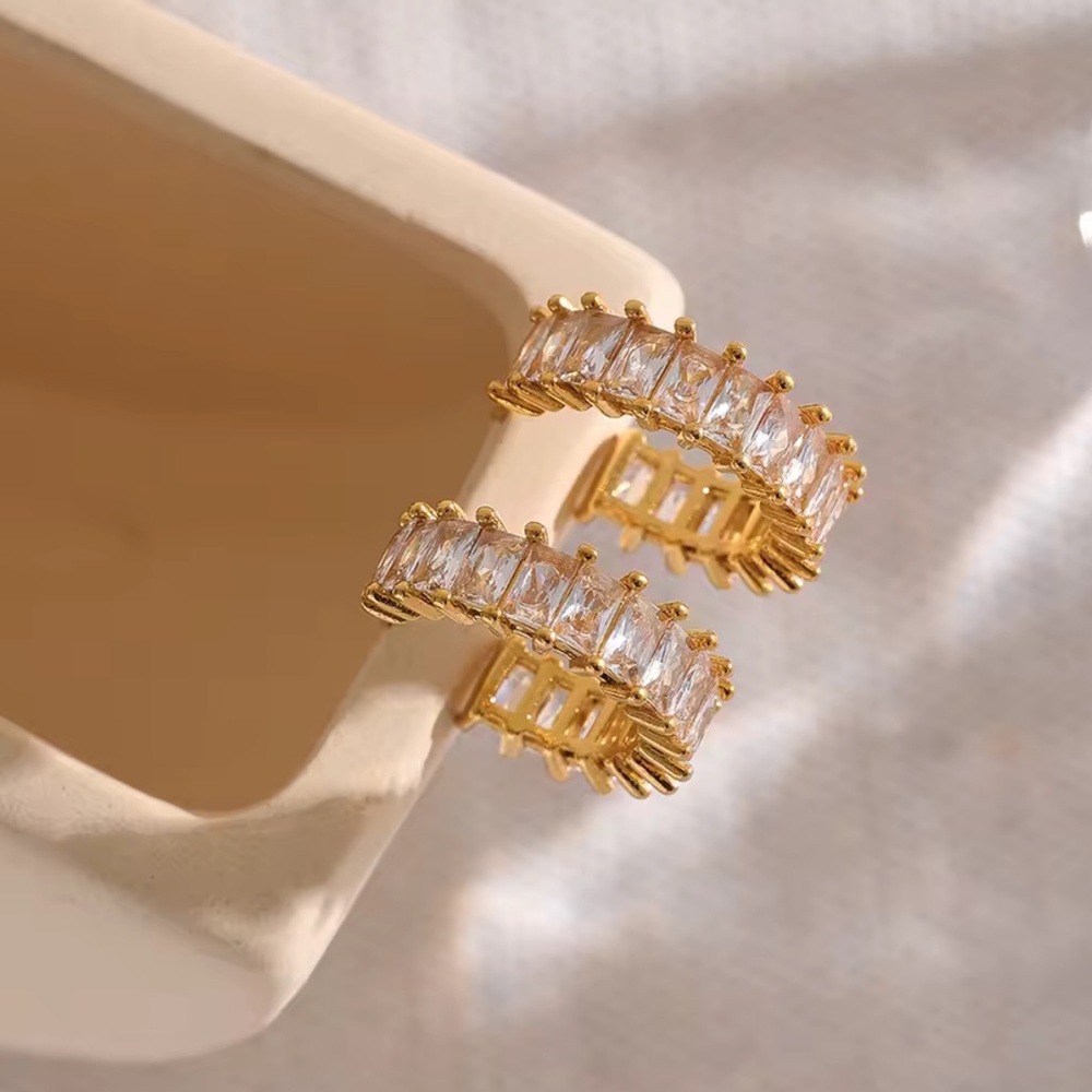New 18K PVD Gold Plated Geometric Hoop Earrings with AAA Cubic Zirconia - Picture 3 of 7